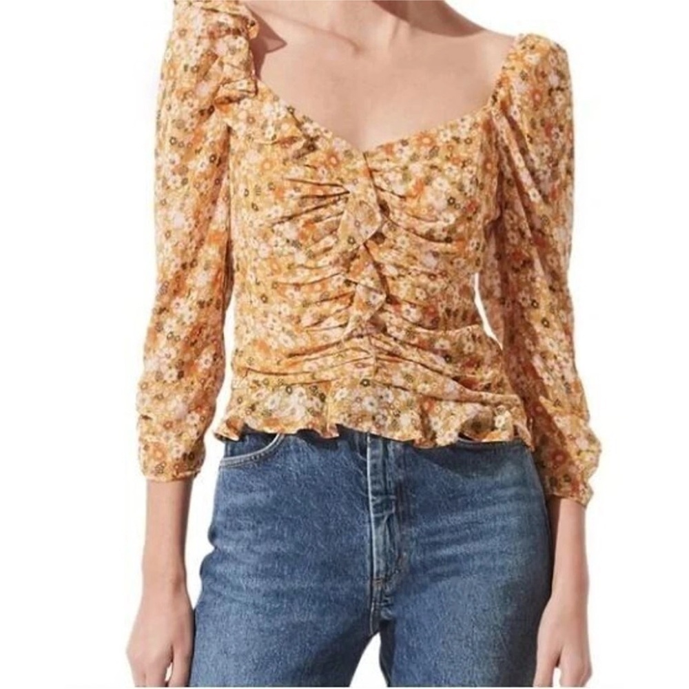 ASTR the Label Concord floral ruffle mustard Ruched Sleeve Blouse boho top XS